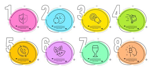 Update time, Call center and Beer glass signs. Timeline steps infographic. Bitcoin think, Touchscreen gesture and Organic tested line icons set. Uv protection, Push cart symbols. Vector