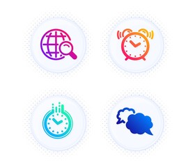 Alarm clock, Internet search and Time icons simple set. Button with halftone dots. Messenger sign. Time, Web finder, Clock. Speech bubble. Education set. Gradient flat alarm clock icon. Vector