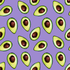 Seamless pattern with sliced avocado on lilac background painted manually in gouache. Natural background for wallpaper, background, fabric, textile, cafe, restaurant, packaging