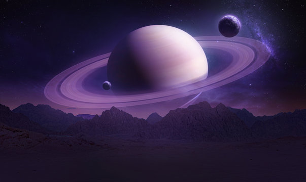 Sci-fi landscape with mountains and Saturn planet. Moon and planet on background. Purple colors. Elements of this image furnished by NASA