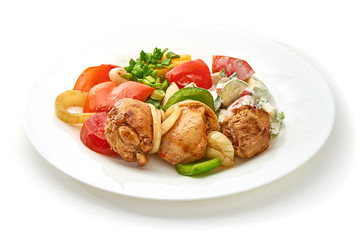 Grilled chicken kebab. Roasted meat skewers and vegetables BBQ, isolated on white background