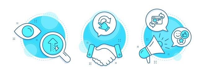 Refresh website, Rotation gesture and Like line icons set. Handshake deal, research and promotion complex icons. Energy growing sign. Update internet, Undo, Social media likes. Power usage. Vector