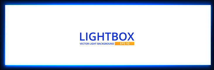 White lightbox screen with neon light on wall. Modern night backgtound with cinema display template design. Vector realisitc mockup.