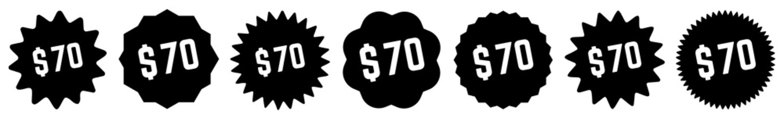 70 Price Tag Black | 70 Dollar | Special Offer Icon | Sale Sticker | Deal Label | Variations
