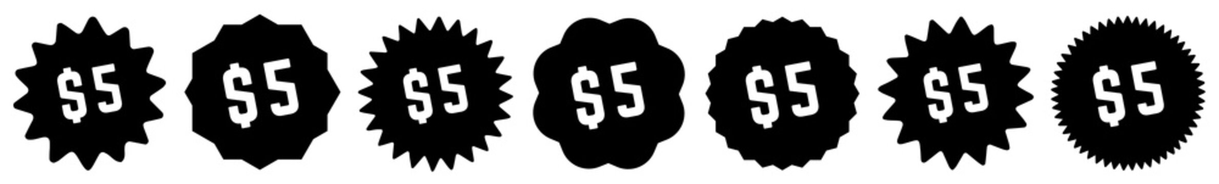 5 Price Tag Black | 5 Dollar | Special Offer Icon | Sale Sticker | Deal Label | Variations