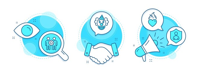 Heart flame, Security and Clown line icons set. Handshake deal, research and promotion complex icons. Employees teamwork sign. Love fire, Private protection, Funny performance. Collaboration. Vector
