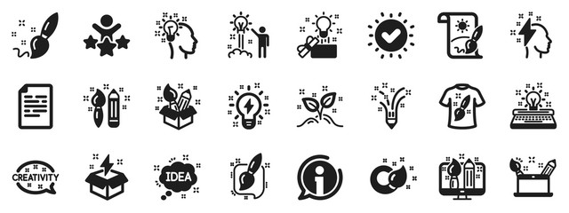 Set of Design, Idea and Inspiration linear icons. Creativity brush icons. Imagination, Idea box and Creative design. Brush with draw pencil, T shirt and Out of the box creativity. Vector