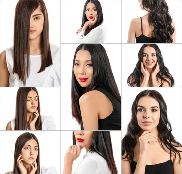 Set of young women with beautiful healthy hair on white background