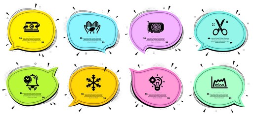 Fair trade, Time management and Snowflake signs. Chat bubbles with quotes. Scissors, Seo idea and Copywriting notebook line icons set. Trade chart, Gpu symbols. Cutting tool, Performance. Vector