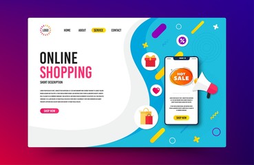 Landing page with phone mockup. Hot sale badge. Discount banner shape. Coupon bubble icon. Website template banner with smartphone screen. Shopping mockup web page template. Hot sale banner. Vector