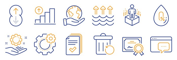 Set of Science icons, such as No alcohol, Augmented reality. Certificate, save planet. Graph chart, Employee hand, Swipe up. Evaporation, Handout, Cogwheel. Vector