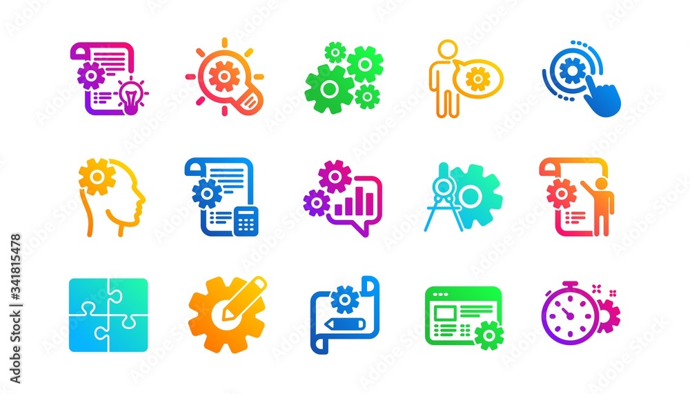 Poster puzzle, dividers tool and architect plan. engineering icons. engineer classic icon set. gradient pat