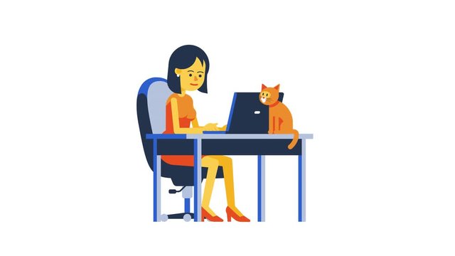 Woman chatting online. Girl with laptop sitting at table. Looped Animation with alpha channel.