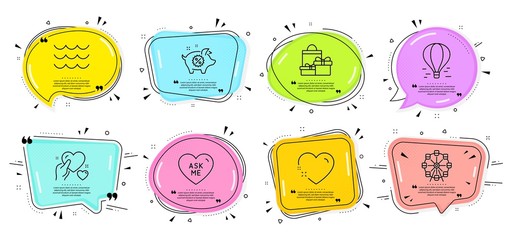 Hold heart, Waves and Heart signs. Speech bubbles with quotes. Ask me, Shopping and Ferris wheel line icons set. Piggy sale, Air balloon symbols. Love sweetheart, Holiday packages. Vector