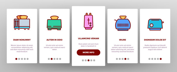 Toaster Kitchen Tool Onboarding Icons Set Vector. Different Style Toaster Electronic Equipment Appliance For Bake Breakfast Toast Illustrations