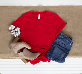 Red tee mockup - cold weather fall tshirt with cotton balls, boots & jeans