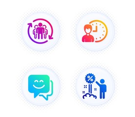 Teamwork, Smile face and Working hours icons simple set. Button with halftone dots. Discount sign. Employees change, Chat, Project deadline. Sale shopping. People set. Vector