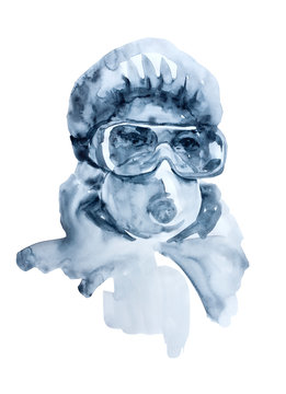 Watercolor illustration of doctor or nurse in personal protect equipment as glasses, respirator and covering. Hand painted in black and blue concept.