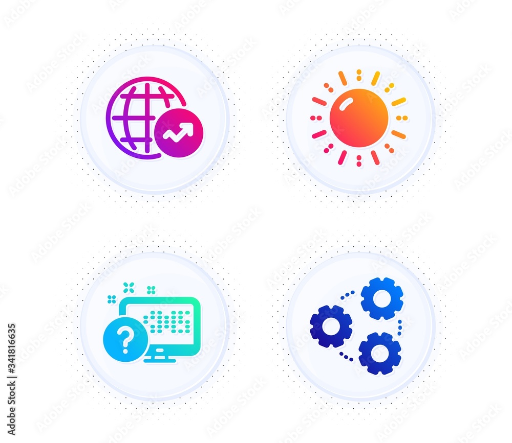 Poster sun energy, online quiz and world statistics icons simple set. button with halftone dots. gears sign