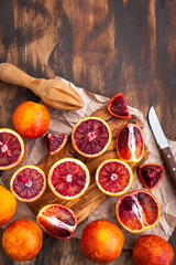 Fresh ripe red blood oranges (sicilian), top view