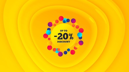 Sale 20 percent off badge. Geometric plastic design banner. Discount banner shape. Coupon bubble icon. Orange shape background. Promotional plastic flyer design. Sale 20% promotion banner. Vector
