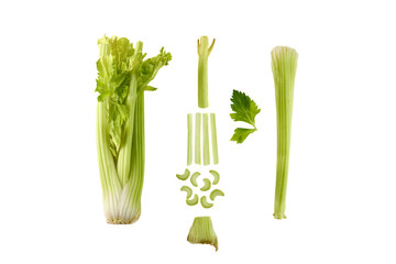 Celery is fragrant, petiole, sliced into slices. Collage Isolated on Black Background