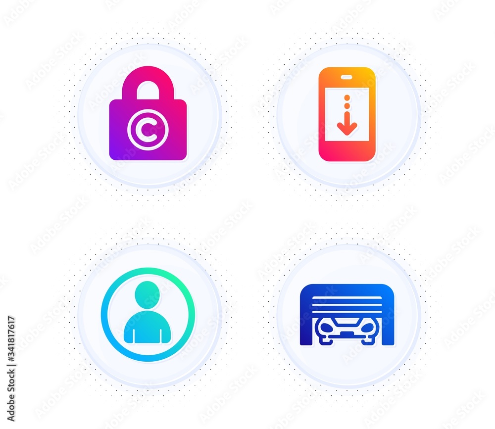 Poster avatar, copyright locker and scroll down icons simple set. button with halftone dots. parking garage