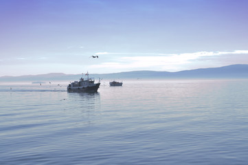 Fishing boats on the Baikal lake. Russia