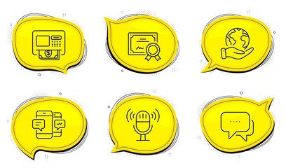 Smartphone sms sign. Diploma certificate, save planet chat bubbles. Microphone, Atm and Message line icons set. Mic, Money withdraw, Chat bubble. Mobile messages. Technology set. Vector