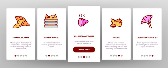 Sweet Potato Batata Onboarding Icons Set Vector. Fried And Boiled Sweet Potato, Sliced And Fresh Vegetable, In Bag And Box Illustrations
