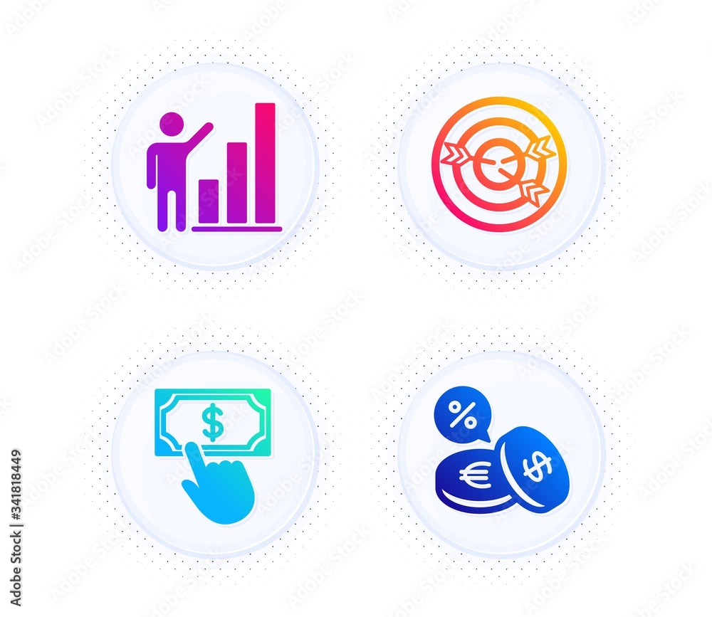Poster targeting, payment click and graph chart icons simple set. button with halftone dots. currency excha
