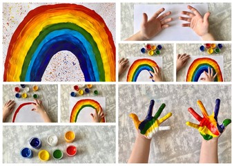 Collage step by step. . Children's drawing with paints and fingers, drawing rainbow. children's creativity.
