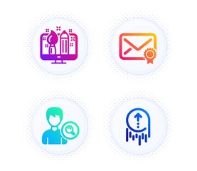 Verified mail, Search people and Creative design icons simple set. Button with halftone dots. Swipe up sign. Confirmed e-mail, Find profile, Designer. Scrolling page. Business set. Vector