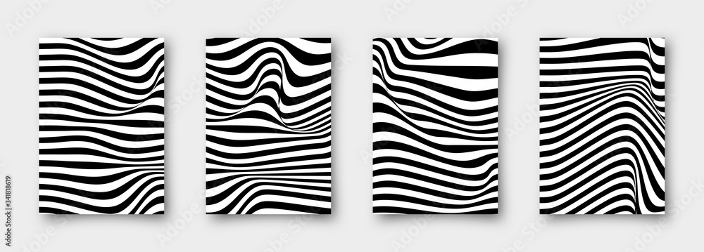 Aufkleber set of 4 abstract vector wavy backgrounds. striped simple minimalistic linear monochrome posters for