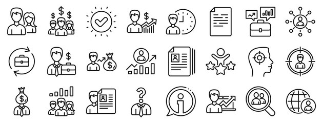 Business networking contract, Job Interview and Head Hunting contract icons. Human Resources, head hunting line icons. CV, Teamwork and Portfolio symbols. Business career, human, interview. Vector