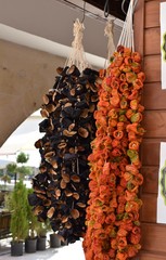 Dries vegetables aubergine and pepper at local bazaar for sale