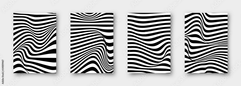 Aufkleber set of 4 abstract vector wavy backgrounds. striped simple minimalistic linear monochrome posters for