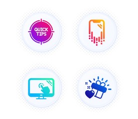 Tips, Smartphone recovery and Touch screen icons simple set. Button with halftone dots. Love gift sign. Quick tricks, Phone repair, Web support. Heart. Business set. Gradient flat tips icon. Vector