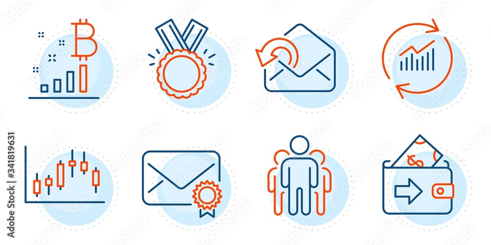 Poster verified mail, group and candlestick graph signs. update data, wallet and bitcoin graph line icons s