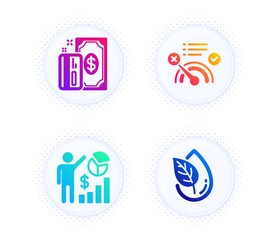 Payment, Seo statistics and No internet icons simple set. Button with halftone dots. Organic product sign. Cash money, Analytics chart, Bandwidth meter. Leaf. Business set. Vector