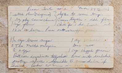 Old handwritten pecan tart recipe, blue ink on 3x5 index card