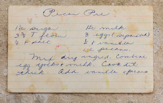 Old handwritten pecan pie recipe, blue ink on 3x5 index card