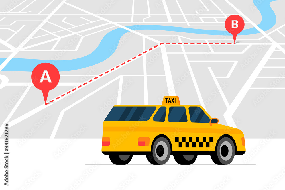 Poster taxi ordering and navigation service concept. a to b route with geotag gps location pin arrival addr
