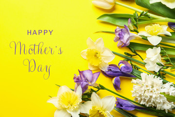 Beautiful spring flowers and phrase HAPPY MOTHER'S DAY on yellow background