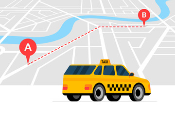 Taxi ordering and navigation service concept. A to B route with geotag gps location pin arrival address on isometric city map and yellow cab. Get taxicab flat eps vector illustration