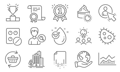 Set of Business icons, such as Refresh cart, Bacteria. Diploma, ideas, save planet. Buildings, Water drop, Medical tablet. Search people, Winner podium, Recovery file. Vector