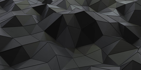 Abstract modern futuristic wallpaper black dark surface triangles with metallic wire mesh 3d render illustration