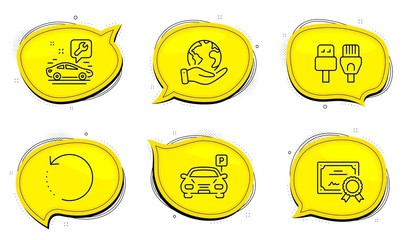 Computer cables sign. Diploma certificate, save planet chat bubbles. Car service, Parking and Recovery data line icons set. Repair service, Car park, Backup info. Rj45 internet. Technology set. Vector