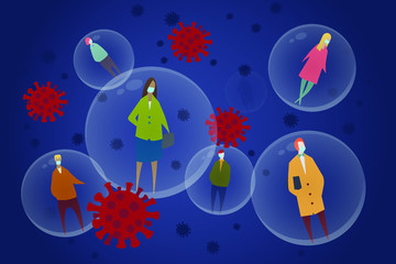 Naklejka premium Social distancing during the coronavirus pandemic. Stylized illustration of diverse selection of people who are wearing face masks floating in 6 ft. bubbles among coronavirus microbes.