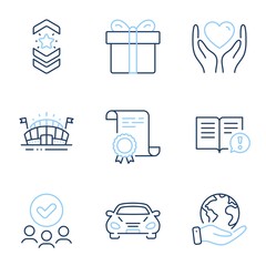 Car, Shoulder strap and Gift box line icons set. Diploma certificate, save planet, group of people. Hold heart, Sports arena and Facts signs. Transport, Star rank, Present package. Friendship. Vector